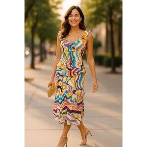 Anthropologie C Keer Silk Dress Womens 2 Multicolor Brushstroke Print Midi Boho